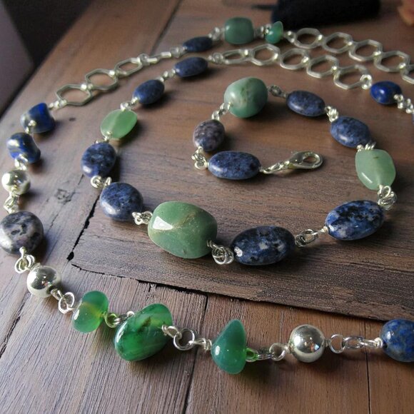 Sodalite, Jade and Iolite Double Wrap Necklace, Silver Chain - Picture 1 of 6